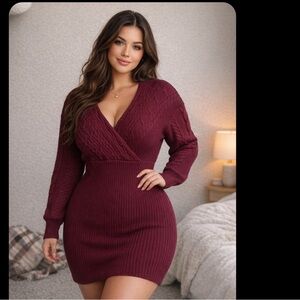 Trendy Cozy Cabincore  Burgundy Red Sweater Longsleeve Dress